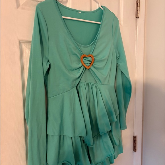 Y2K Boho Heart Buckle Ruffle Tiered Mini Dress Teal Long Sleeve Large - Picture 3 of 7